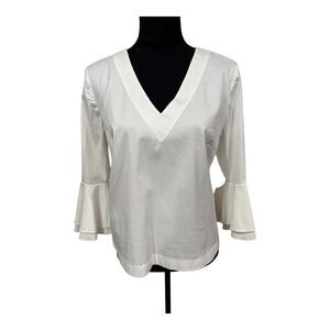 White House Black Market Women Blouse Size 10 White Solid 3/4 Bell Sleeve Vneck